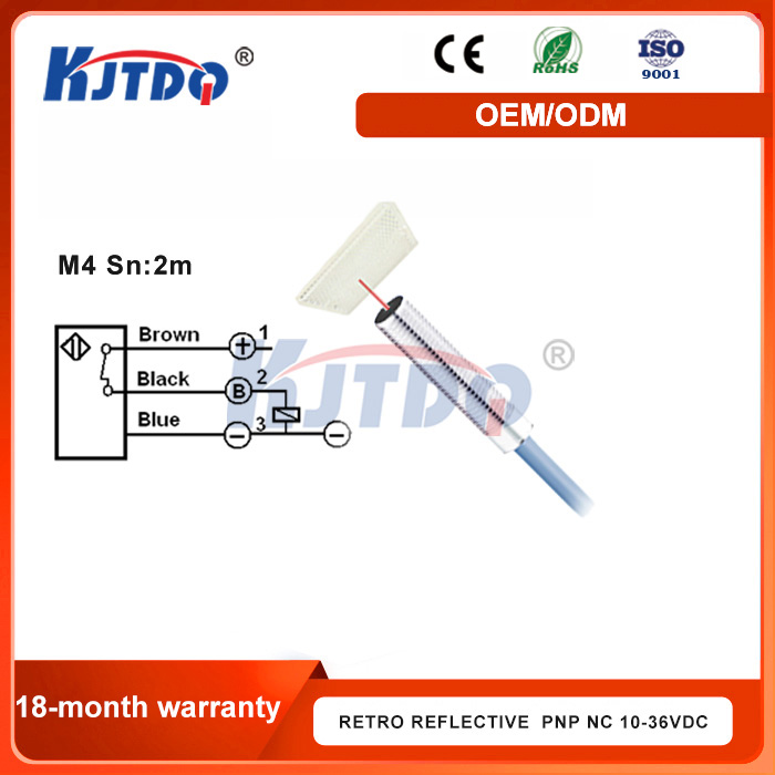 KJT M4 NPN PNP NO NC Sn 2m Retro Reflection Laser Sensor With 2M PUR Cable