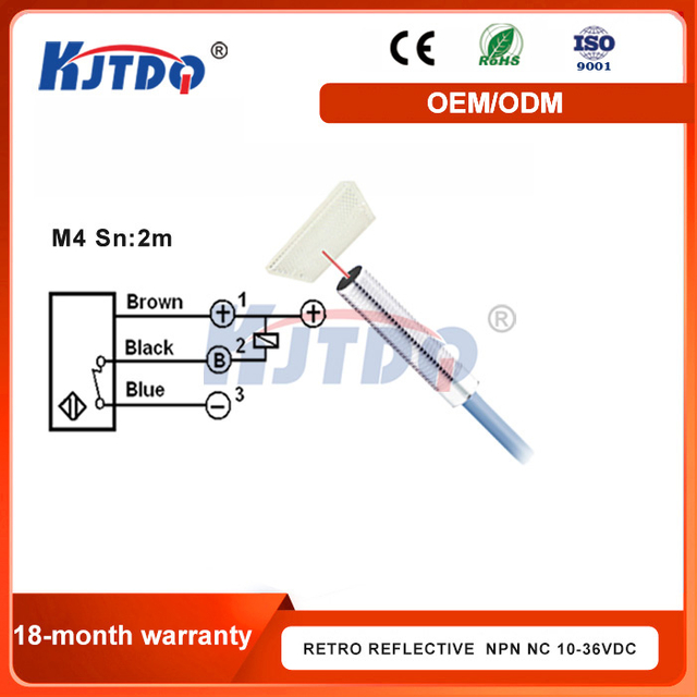 KJT M4 NPN PNP NO NC Sn 2m Retro Reflection Laser Sensor With 2M PUR Cable