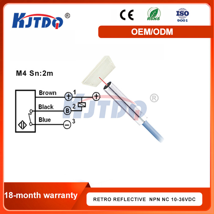 KJT M4 NPN PNP NO NC Sn 2m Retro Reflection Laser Sensor With 2M PUR Cable